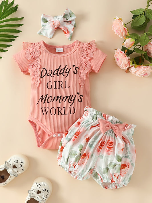 "Mommy's World" Graphic Newborn Infant Romper Set - Short Sleeves, Lace Splicing, Round Neck Bodysuit Onesies, Bow Floral Shorts & Headband