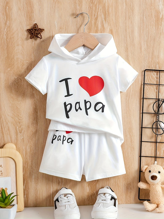 "I Love Papa" Print Baby Summer Outfit: Hooded T-Shirt & Sporty Shorts Set for Toddler Boys